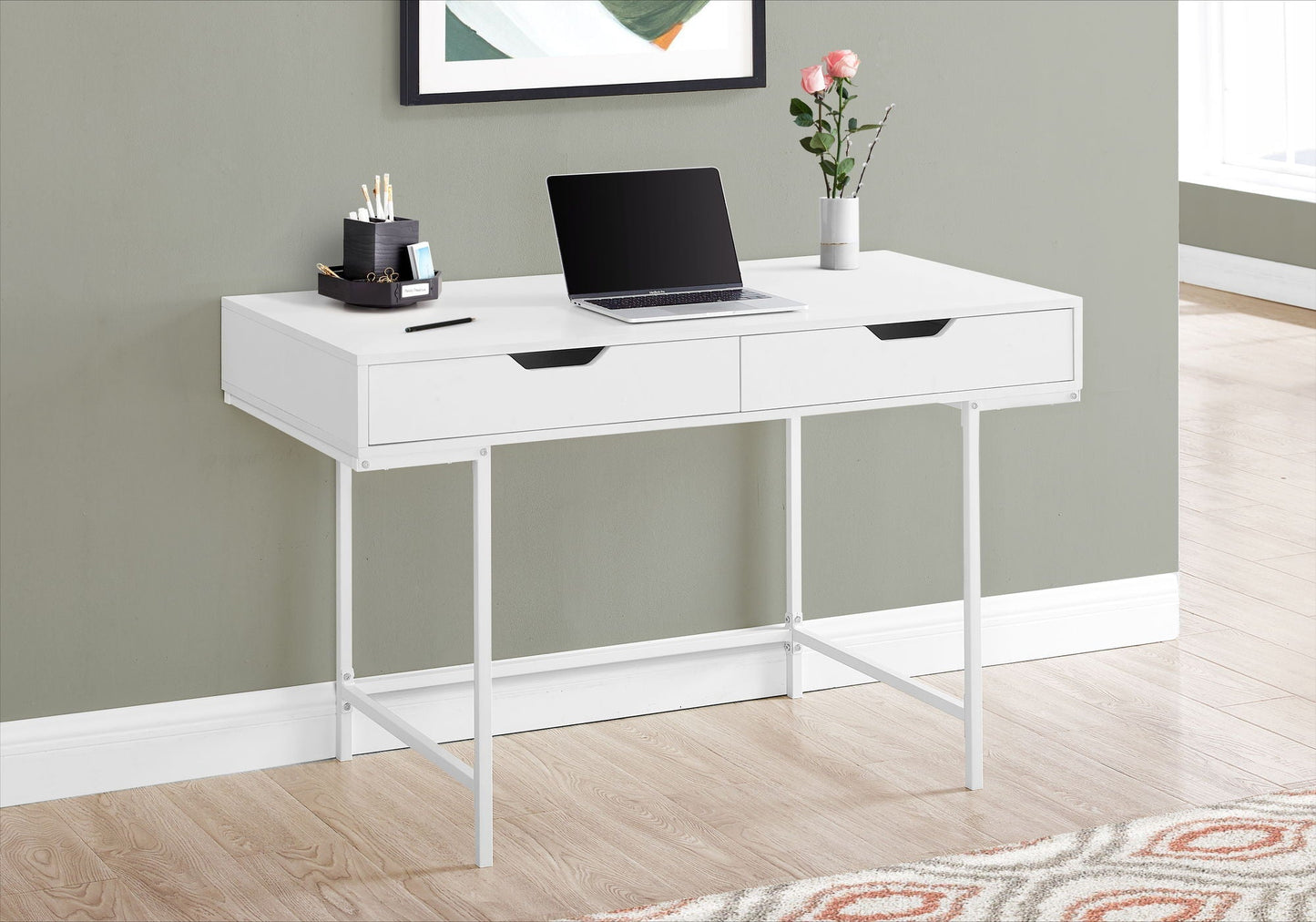 Writing desk by HouseOfZazla, marble-look top with two storage drawers in white on Tampa Home & Garden Store