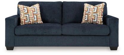Aviemore sofa sleeper in dark blue fabric with geometric cushions by Unique Piece Furniture on Tampa Home & Garden Store