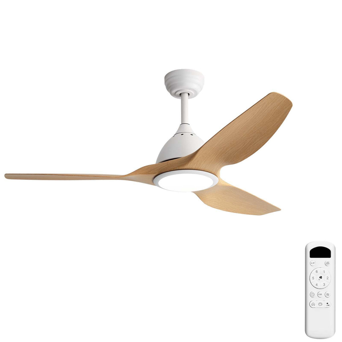 HouseOfZazla Bredoom 52in ceiling fan with white finish and light brown wood blades, remote on Tampa Home & Garden Store