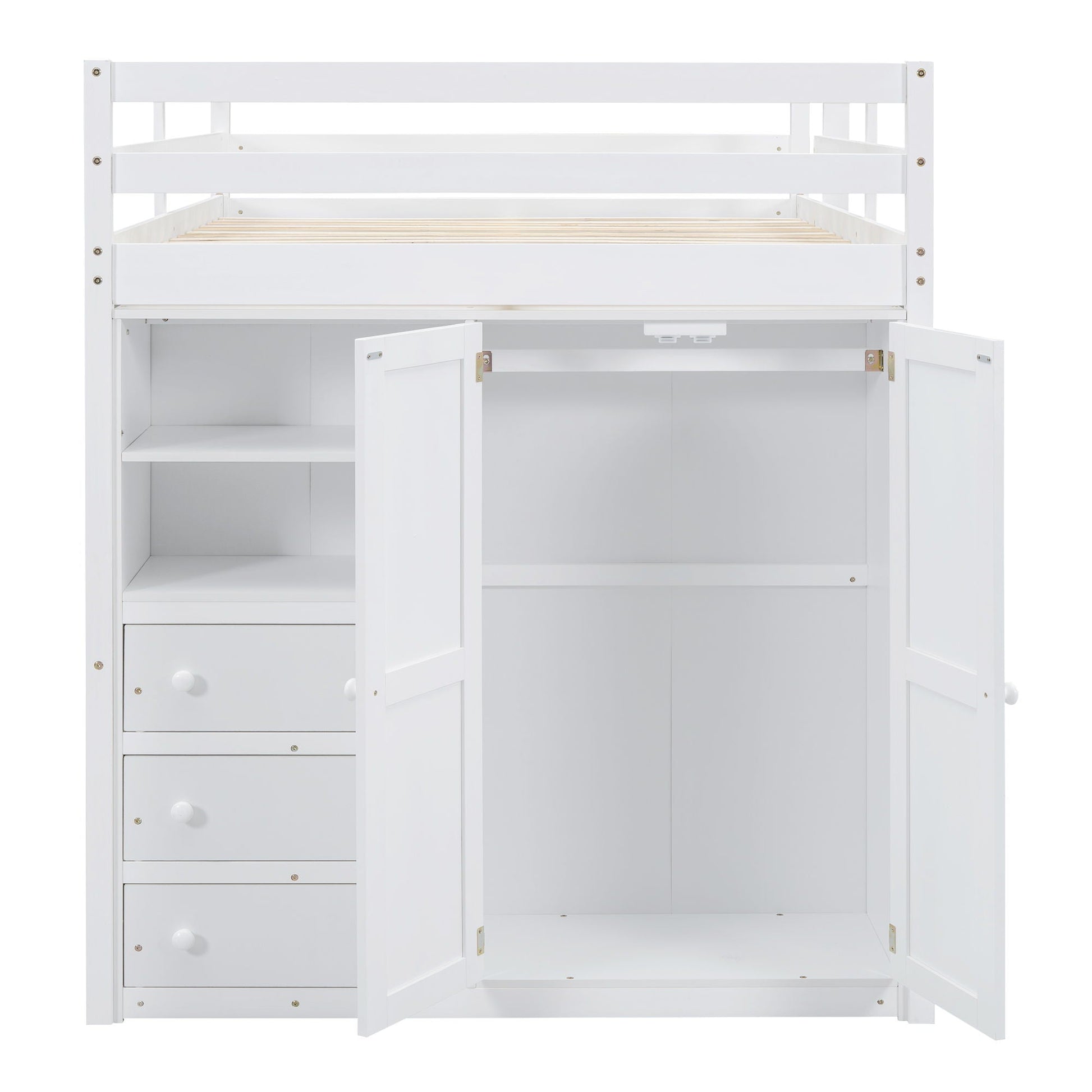 White loft bed with built in wardrobe and shelves and drawers, open storage on Tampa Home & Garden Store