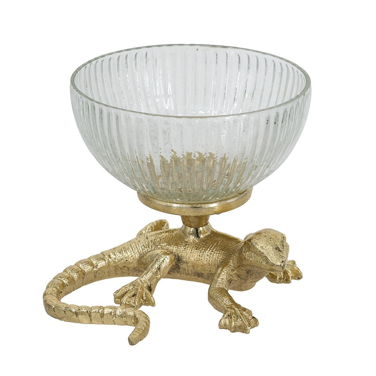 Gold lizard pedestal bowl with ribbed glass dish decorative object by HouseOfZazla on Tampa Home & Garden Store