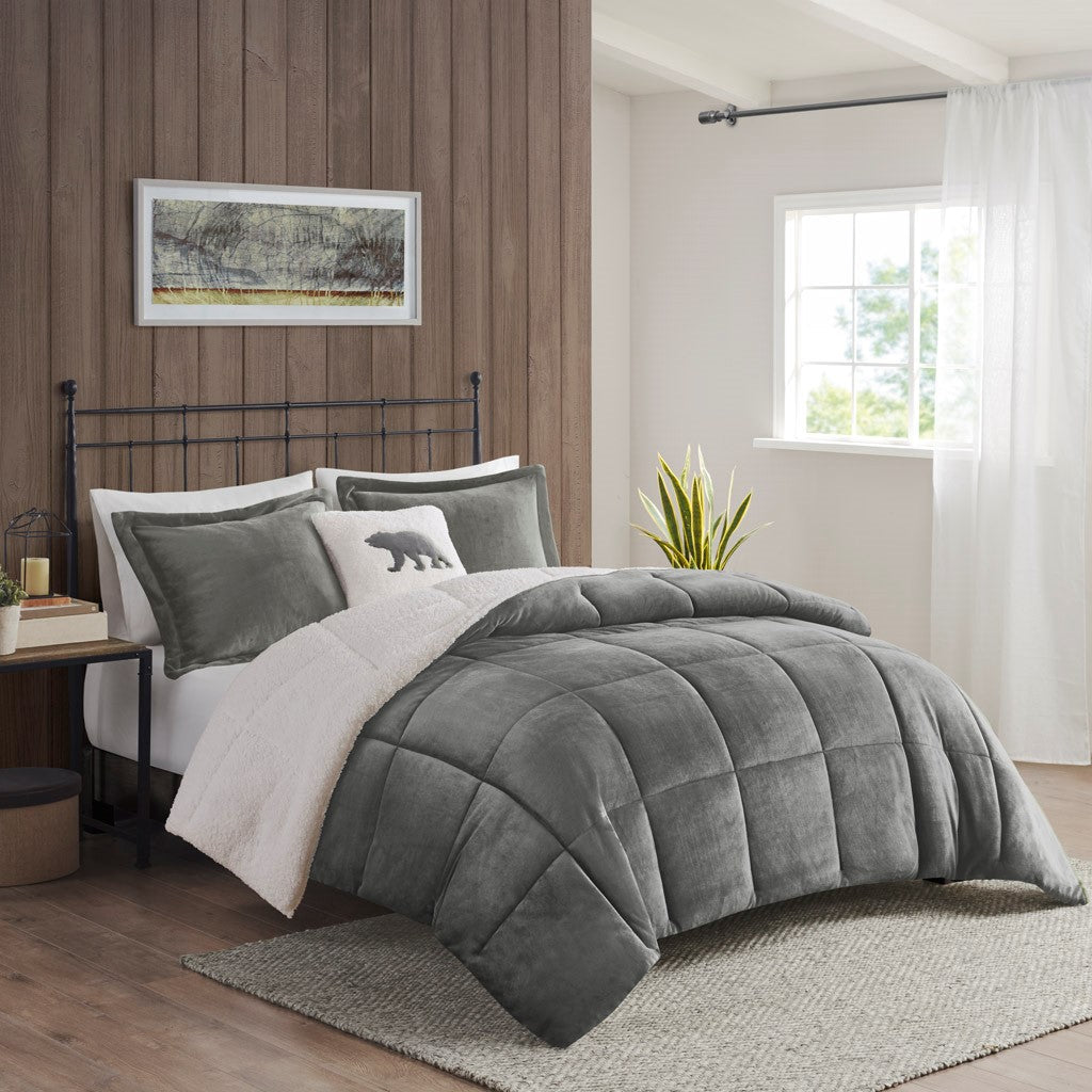 Full/Queen Plush to Sherpa Down Alternative Comforter Set gray by HouseOfZazla on bed on Tampa Home & Garden Store