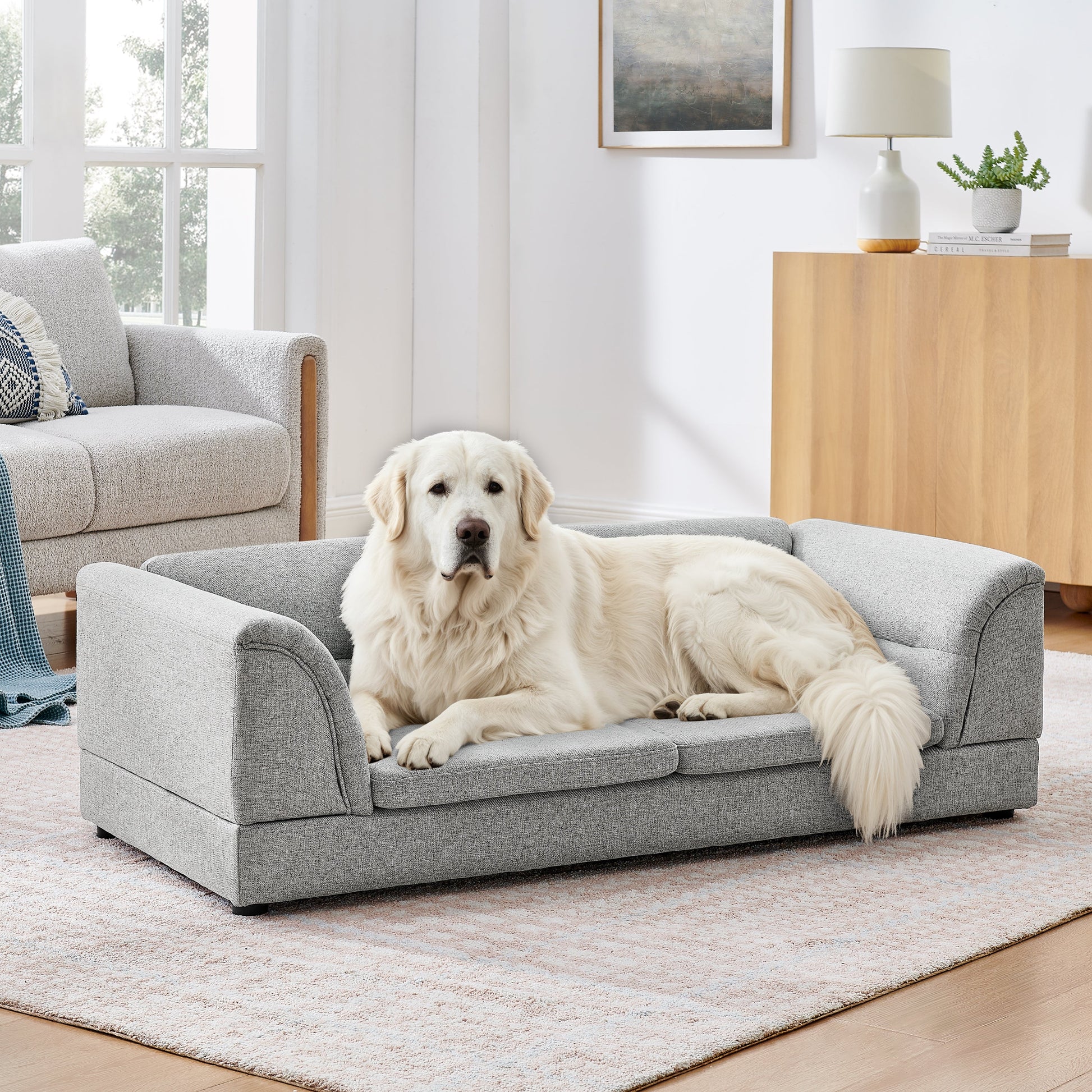 Oversized Pet Sofa by HouseOfZazla in gray textured fabric with curved arms; dog lounging on Tampa Home & Garden Store