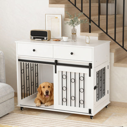 White dog crate furniture with double drawers and sliding barn door, black bars, dog inside on Tampa Home & Garden Store