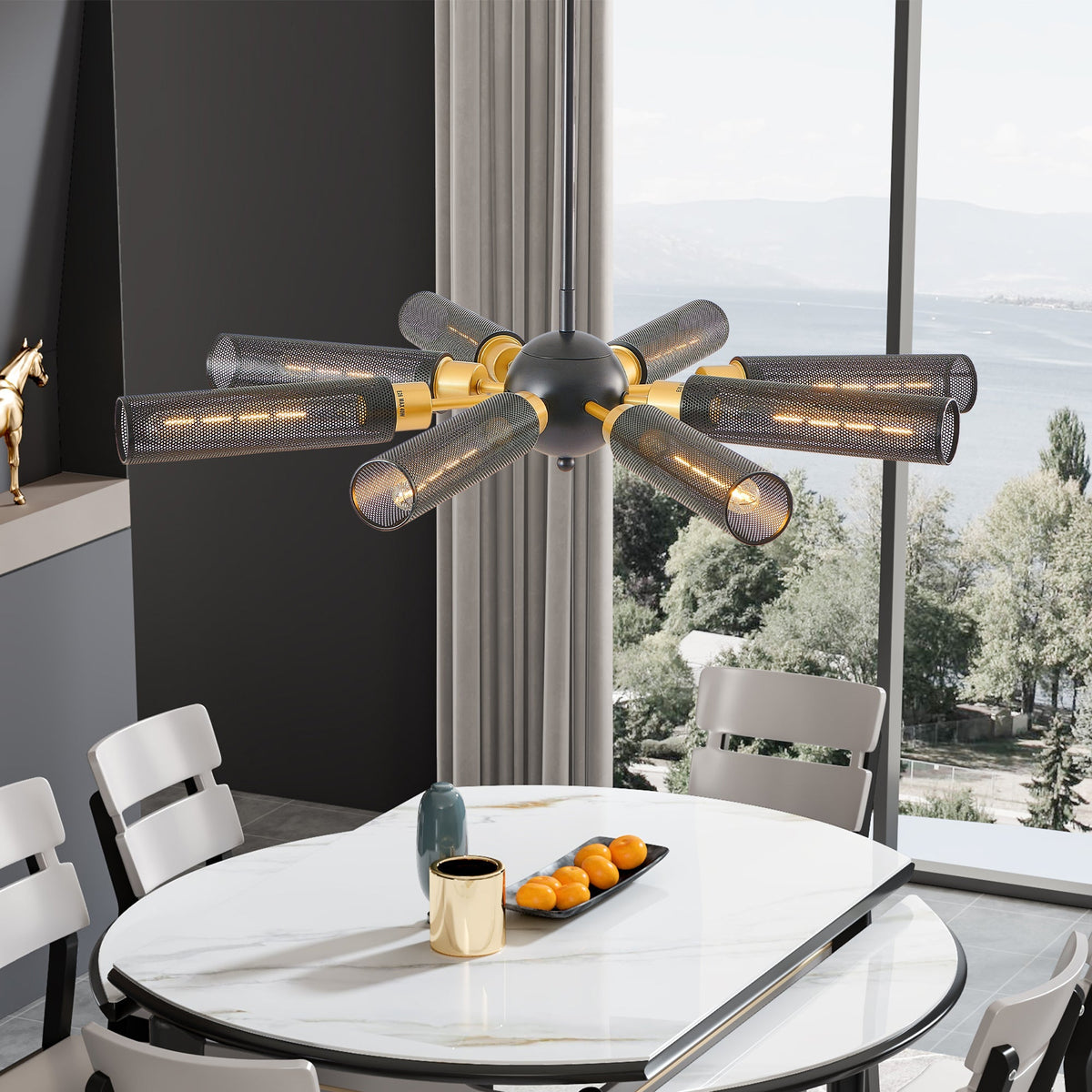 34' Modern Industrial Sputnik 8-Light chandelier with black metal arms and gold sockets on Tampa Home & Garden Store