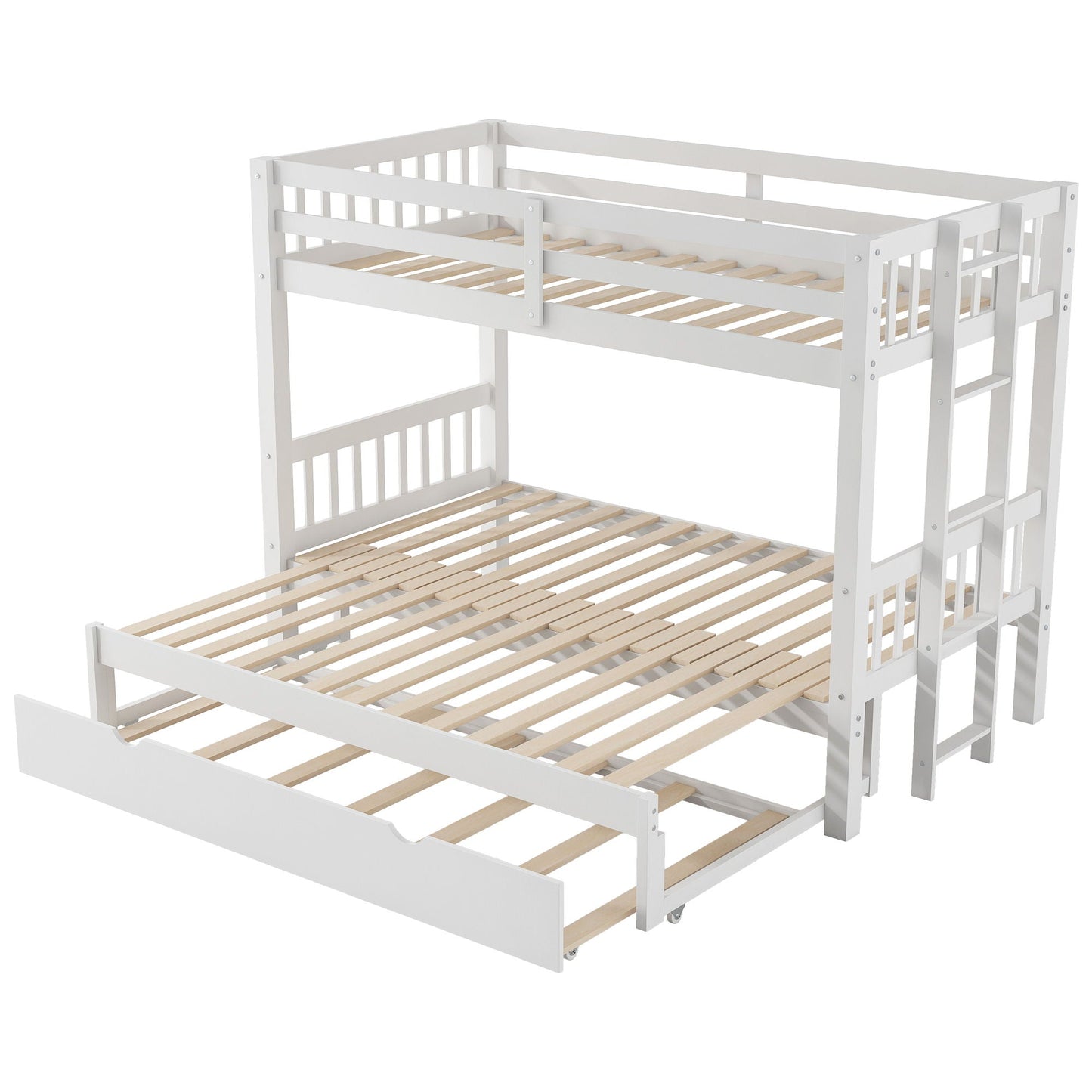Smooth Mobility Bunk Bed With Trundle in white wood, top guard rails and slatted bed bases on Tampa Home & Garden Store