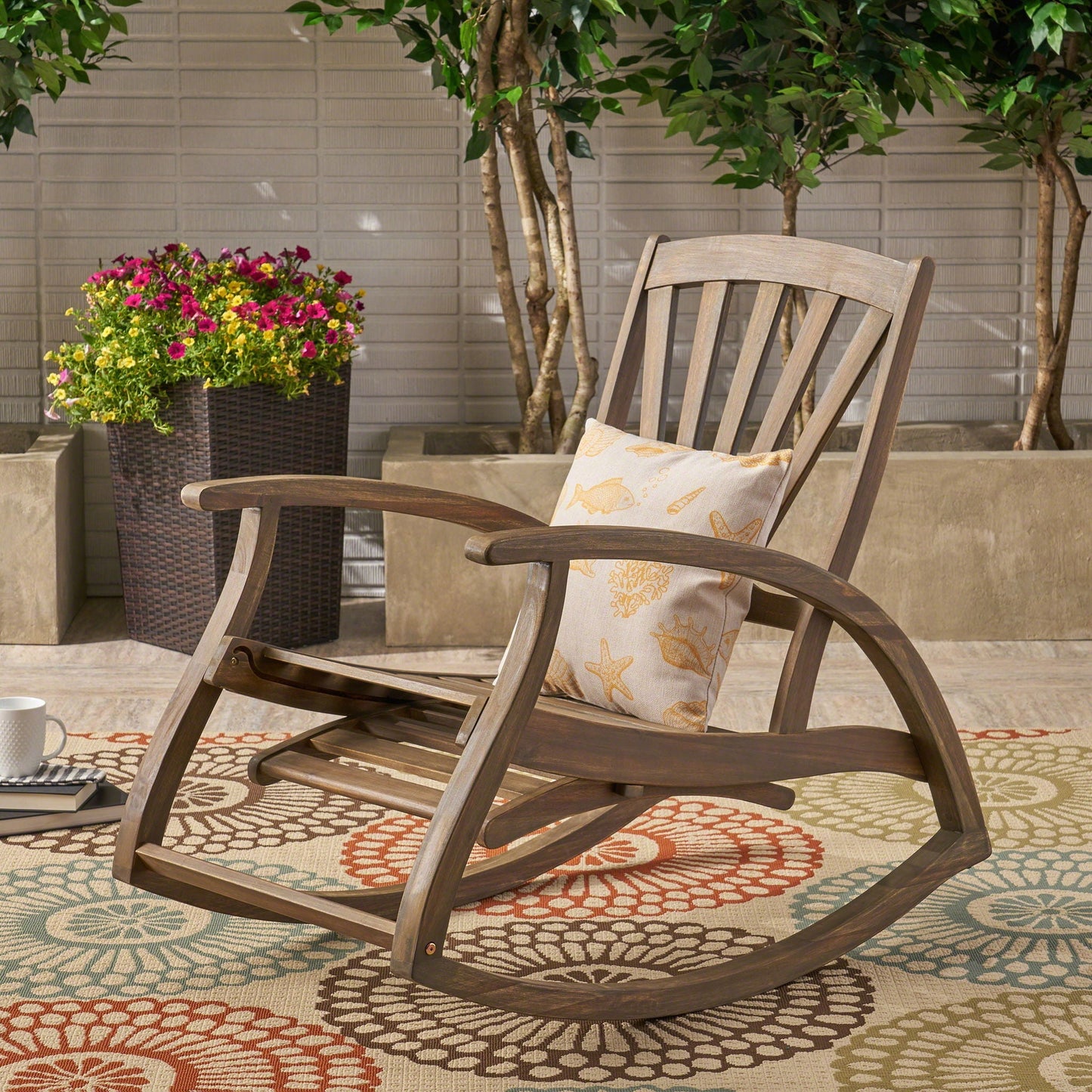 Outdoor reclining rocking chairs in gray wood with cushions, HouseOfZazla, 2 chairs on rug on Tampa Home & Garden Store