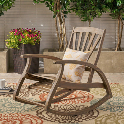 Outdoor reclining rocking chairs in gray wood with cushions, HouseOfZazla, 2 chairs on rug on Tampa Home & Garden Store