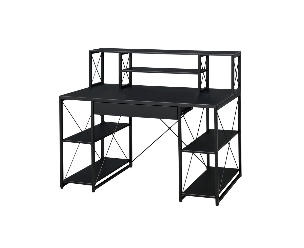 Amiel All Purpose Writing Desk with Storage, black metal frame with diagonal braces on Tampa Home & Garden Store