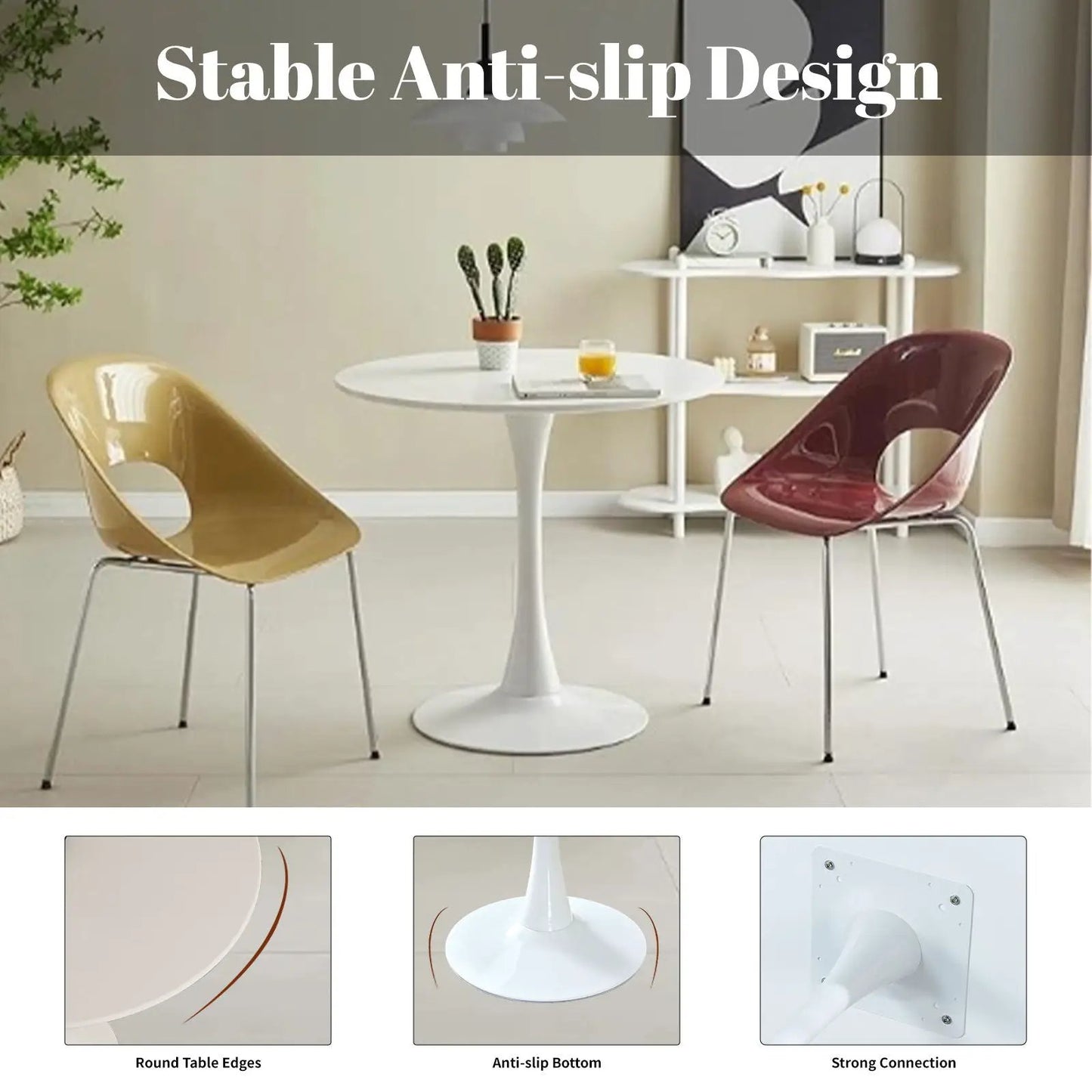 Round Dining Table With Tulip Style Base in white, paired with beige and burgundy molded chairs by Unique Piece Furniture on Tampa Home & Garden Store