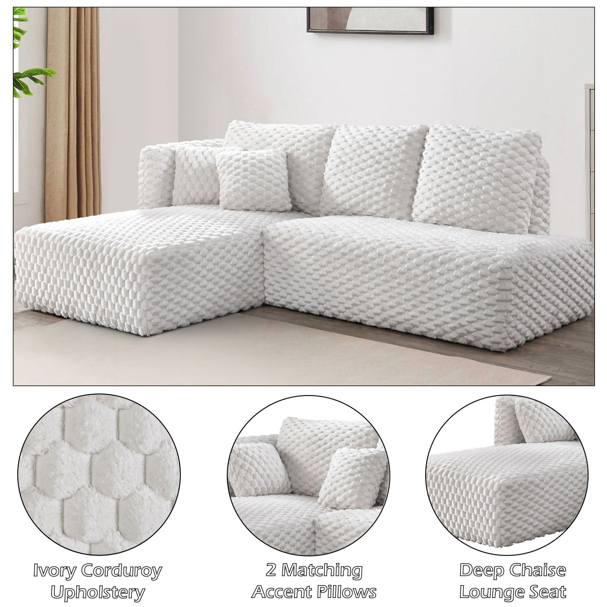 Manya Ivory Sectional Sofa with boucle upholstery and 2 accent pillows by HouseOfZazla on Tampa Home & Garden Store