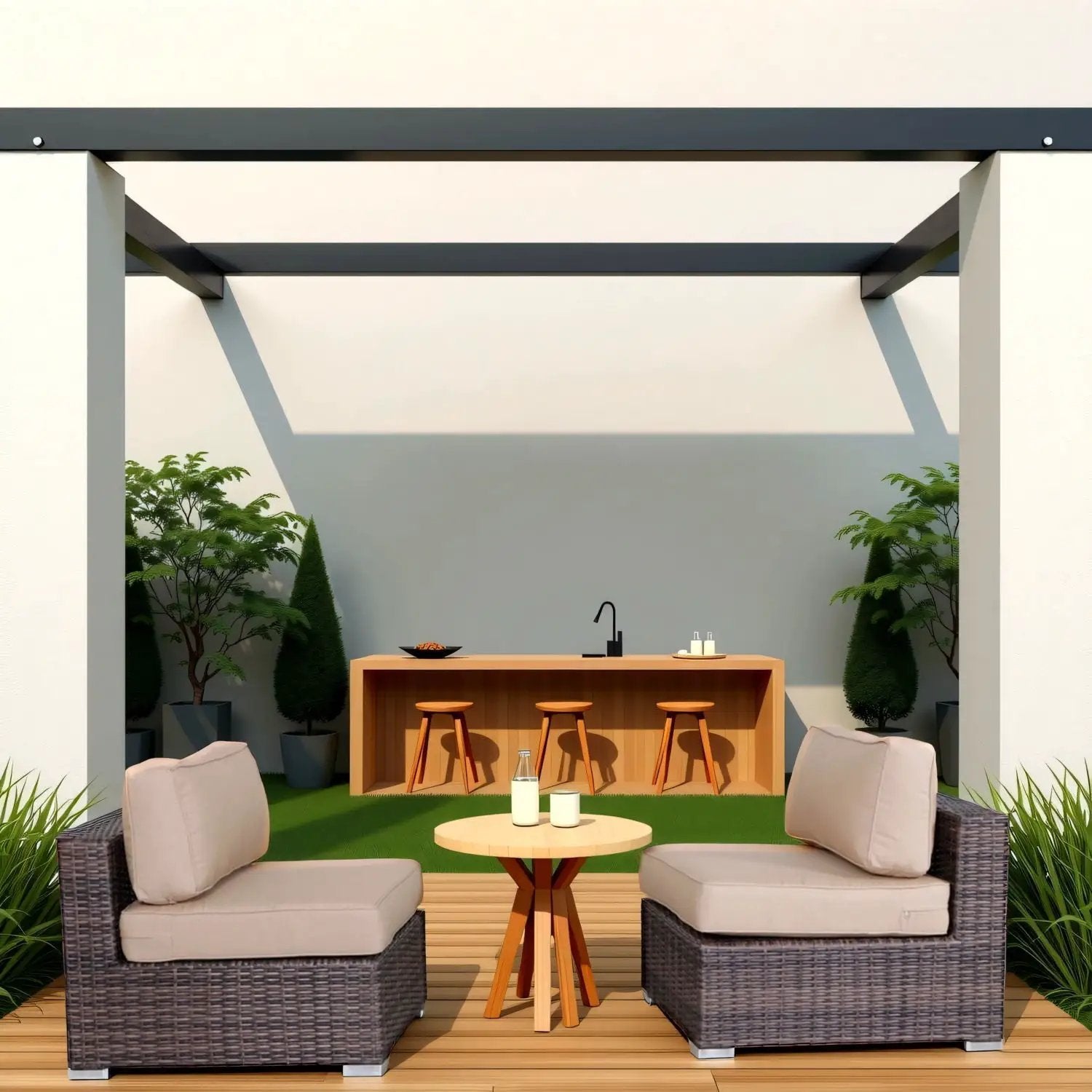 Wide armless outdoor chairs with beige cushions, dark wicker frames; set of 2 on Tampa Home & Garden Store
