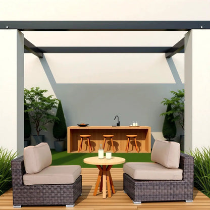 Wide armless outdoor chairs with beige cushions, dark wicker frames; set of 2 on Tampa Home & Garden Store