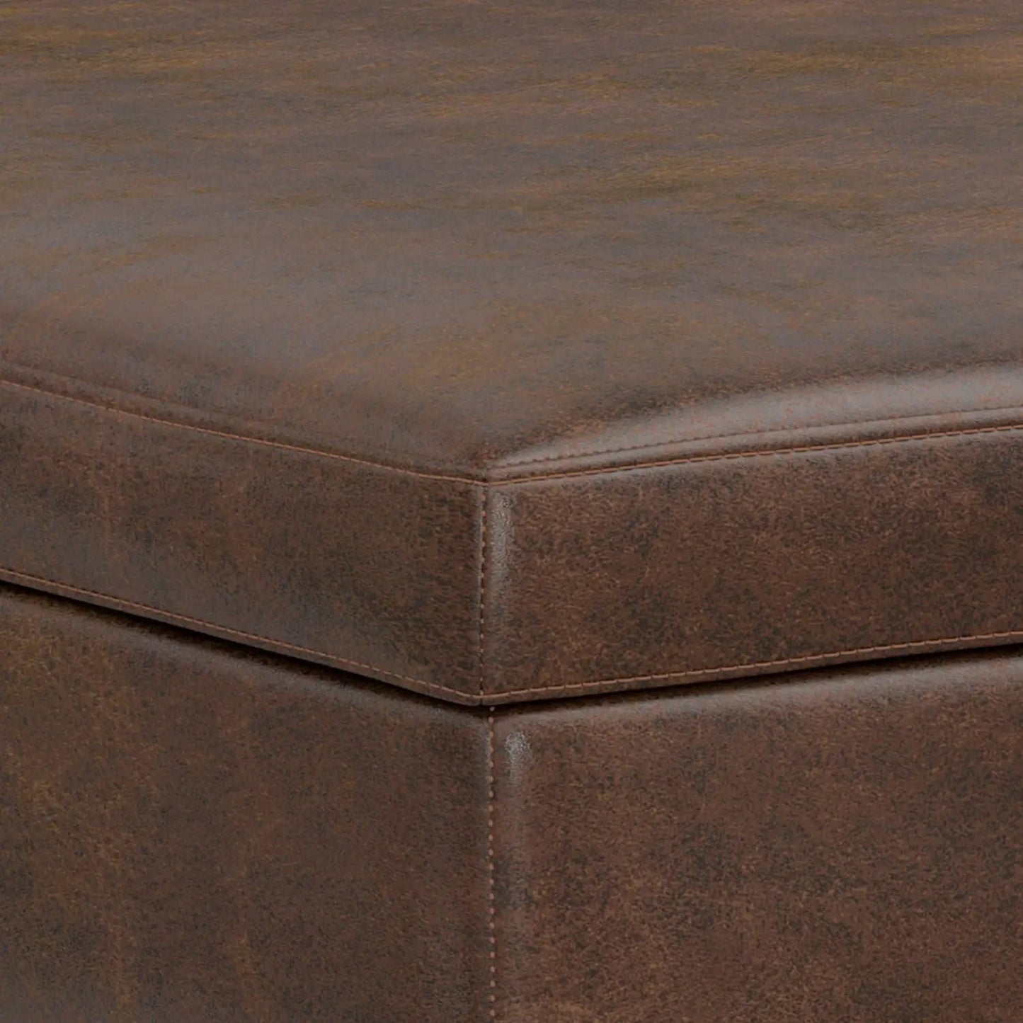 Owen square storage ottoman coffee table in distressed brown leather with stitched edges on Tampa Home & Garden Store