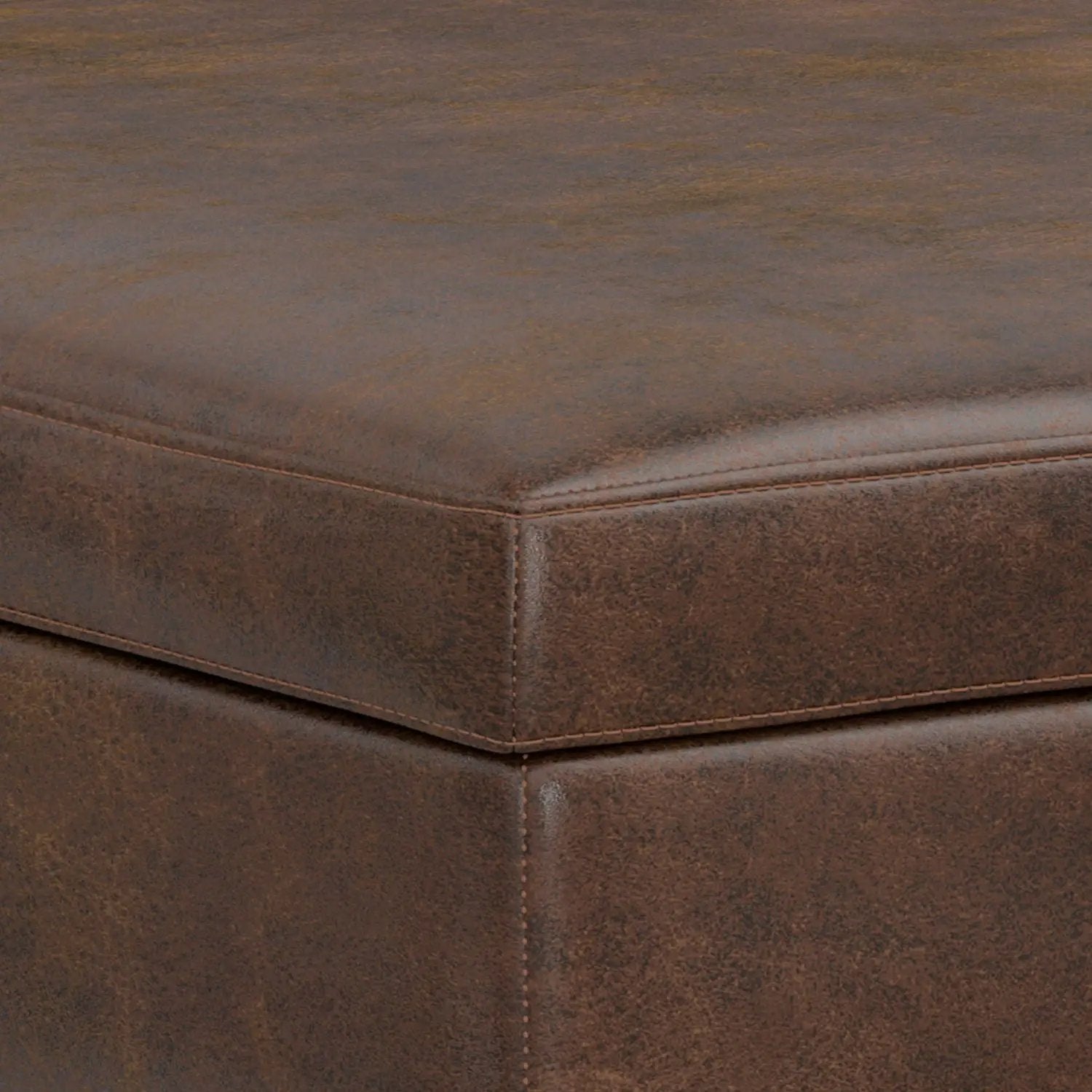 Owen square storage ottoman coffee table in distressed brown leather with stitched edges on Tampa Home & Garden Store