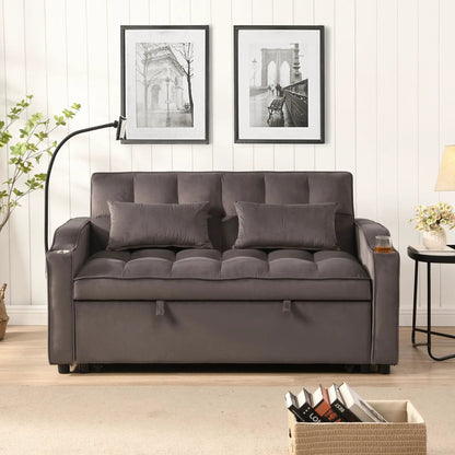 Modern loveseat futon sofa in dark gray fabric with adjustable backrest and toss pillows on Tampa Home & Garden Store