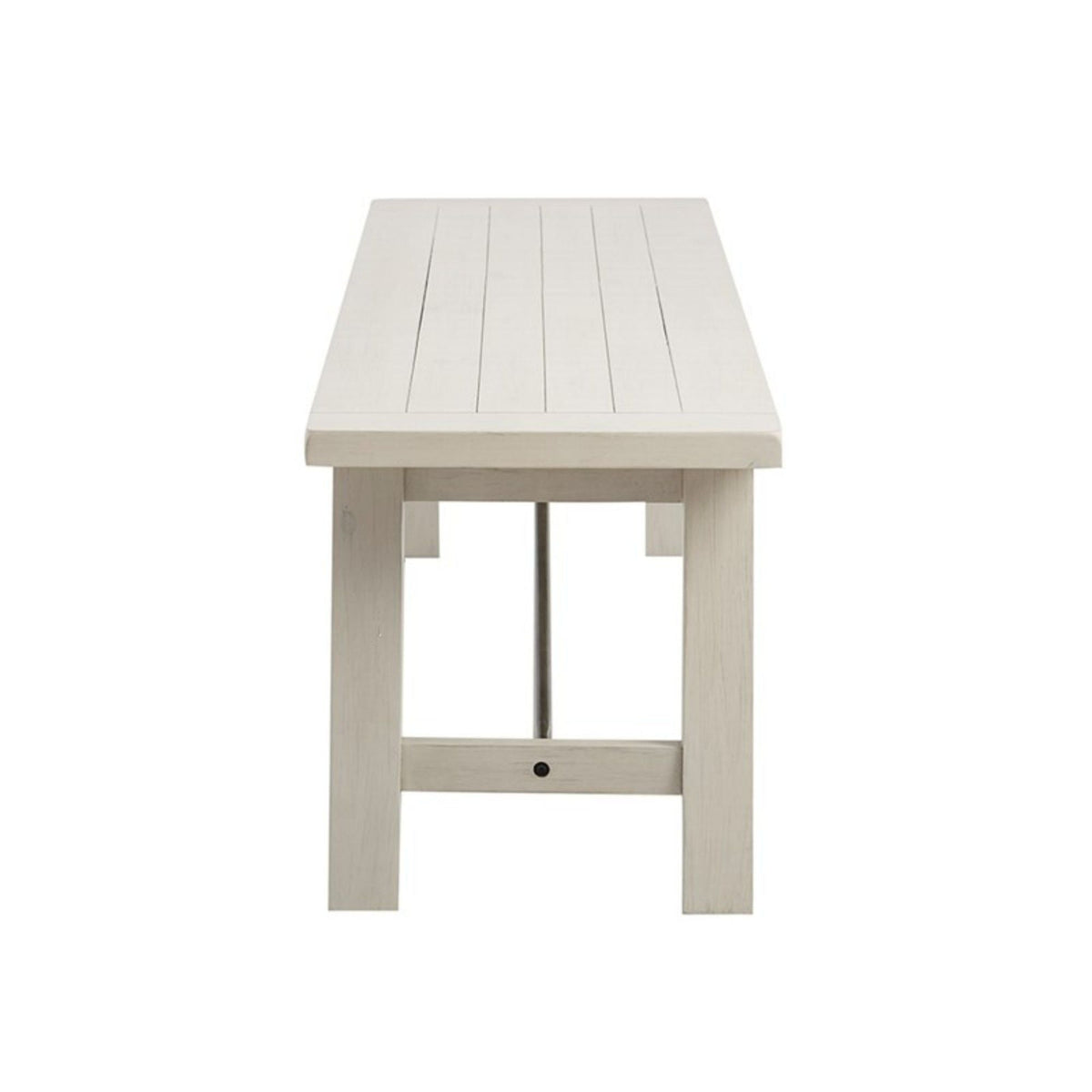 Solid wood dining bench with a slatted top in whitewash finish and metal stretchers HouseOfZazla on Tampa Home & Garden Store