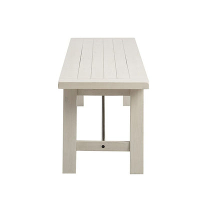 Solid wood dining bench with a slatted top in whitewash finish and metal stretchers HouseOfZazla on Tampa Home & Garden Store