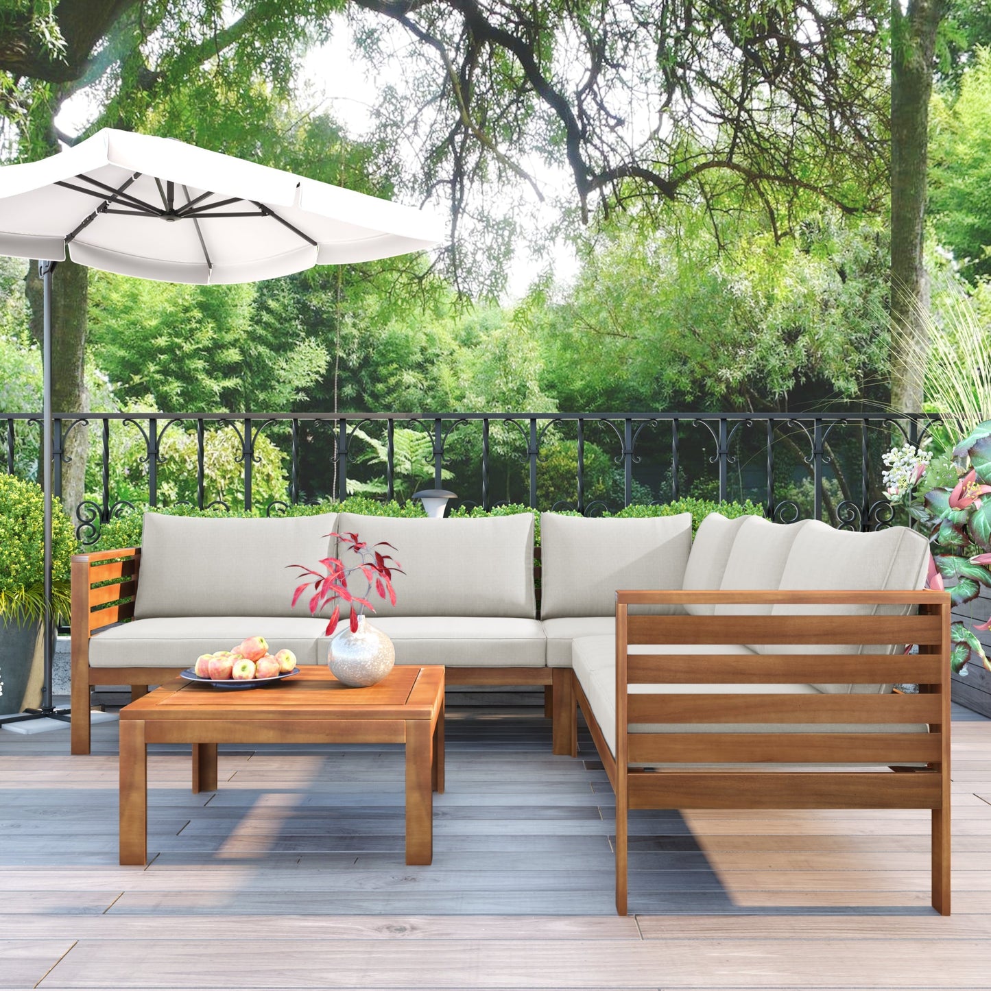 Wood Structure Outdoor Sofa Set with Beige Cushions on a wooden deck with a coffee table on Tampa Home & Garden Store