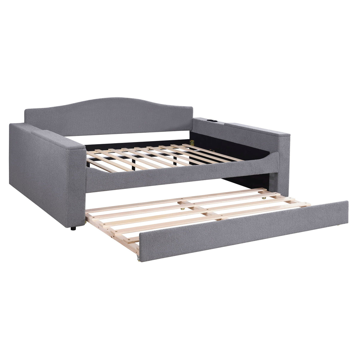 Upholstered grey daybed with storage armrests and pull-out trundle HouseOfZazla on Tampa Home & Garden Store