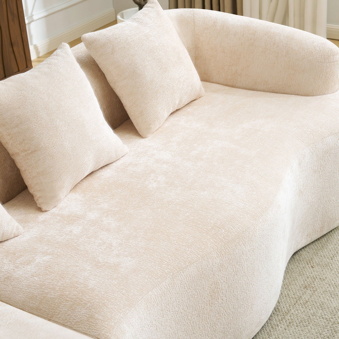 Modular L-Shape Sectional Sofa with curved chaise beige boucle upholstery by HouseOfZazla on Tampa Home & Garden Store