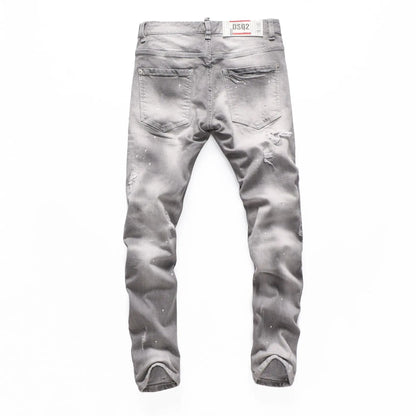 Grey denim jeans for men with back pockets and distressed paint-splatter details FLIPSTYLEZLLC on Tampa Home & Garden Store