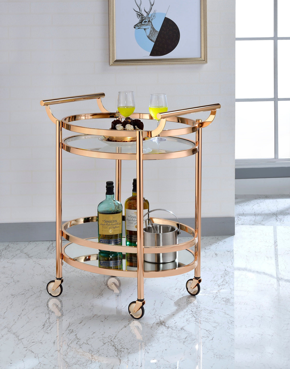 Lakelyn Clear Glass & Rose Gold Serving Cart with shelves and casters by HouseOfZazla on Tampa Home & Garden Store