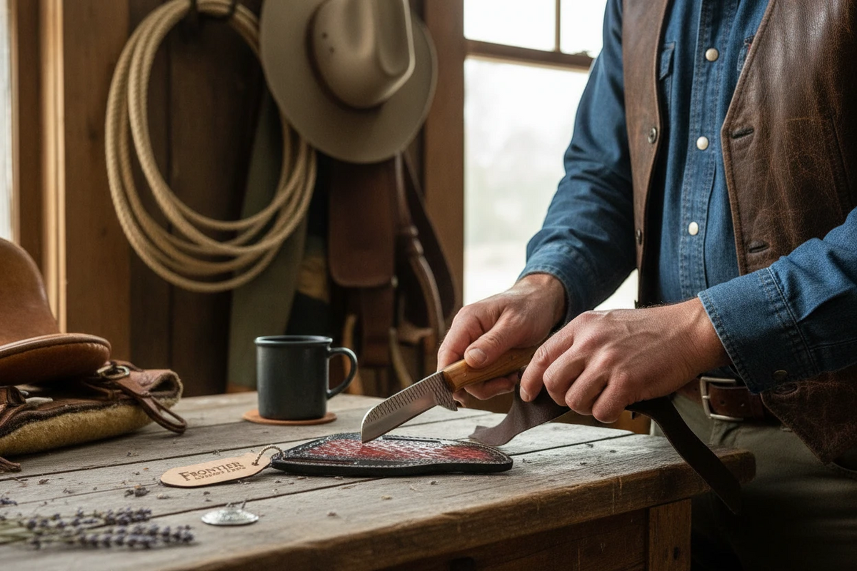 Bull Cutter Knife with olivewood handle, rasp blade in leather sheath by Frontier Cowboy Gear on Tampa Home & Garden Store