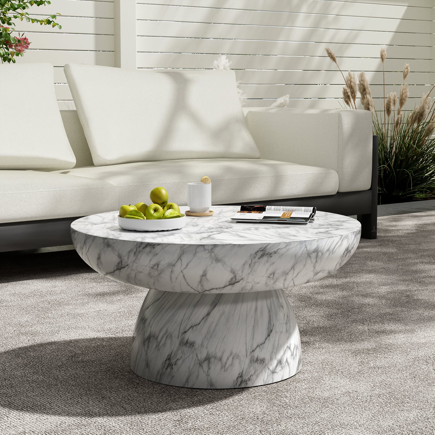 MGO faux marble outdoor coffee table by HouseOfZazla with round veined surface on Tampa Home & Garden Store