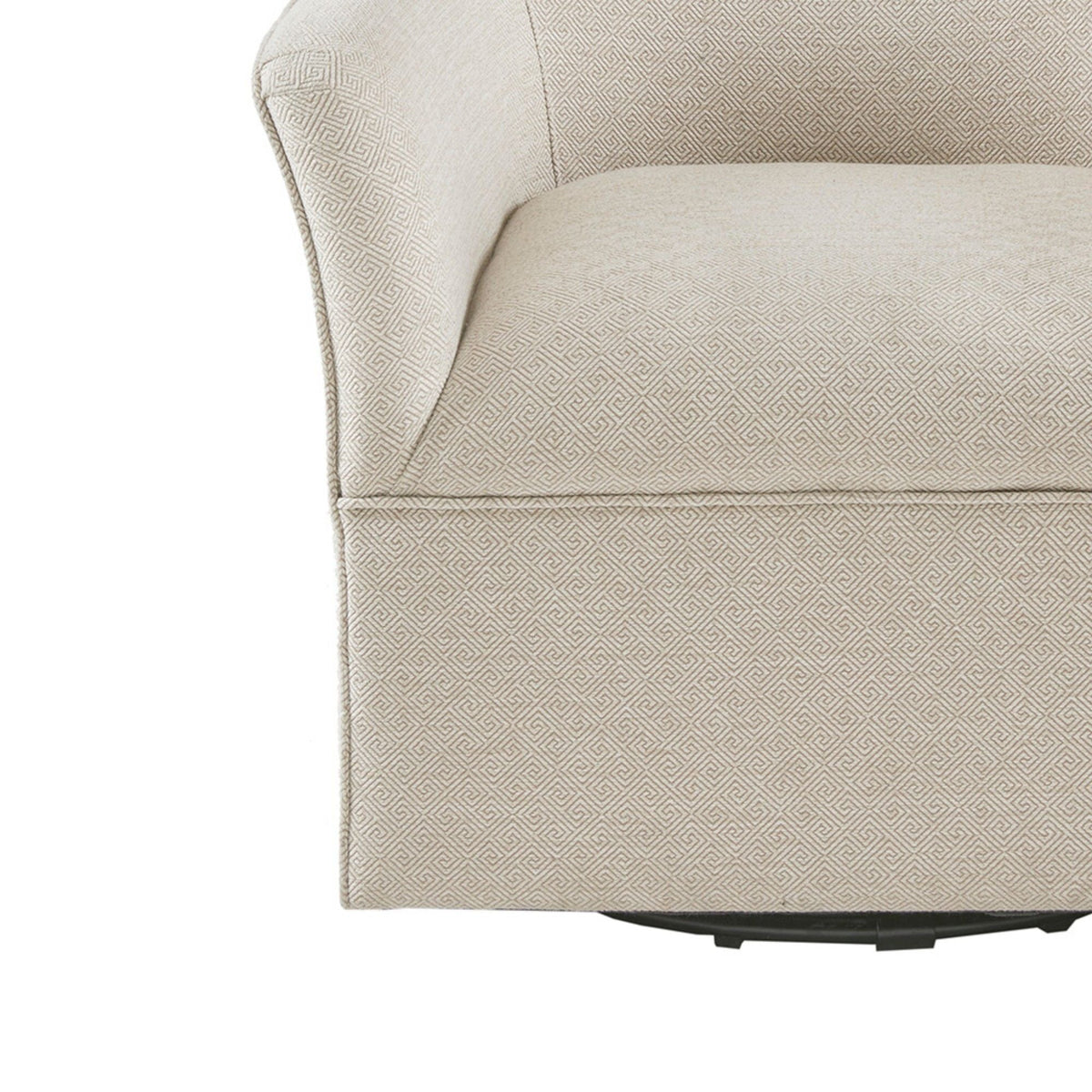 Swivel glider chair with Greek key pattern beige-gray upholstery and metal base on Tampa Home & Garden Store