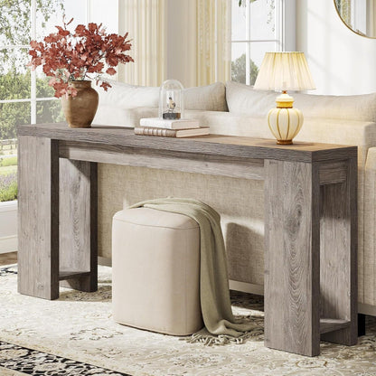 Extra-long farmhouse console table in gray weathered solid wood finish on Tampa Home & Garden Store