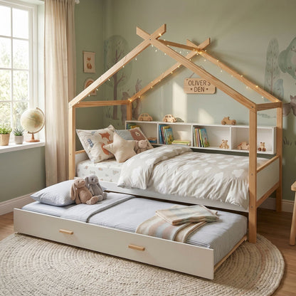 House Bed With Bookshelf Storage wooden frame with shelves and lights twin storage bed setup on Tampa Home & Garden Store