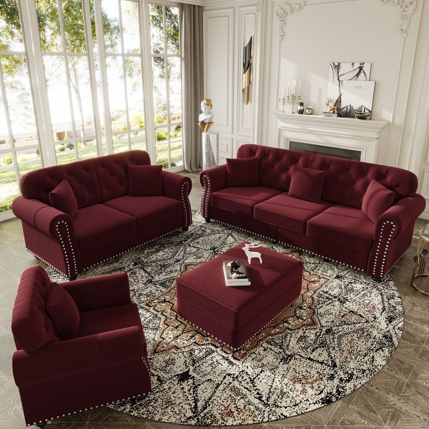 Upholstered Sofa Set with Nailhead and Pillows