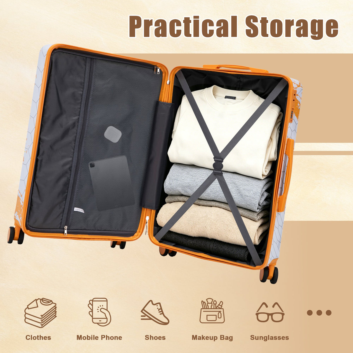 3-Piece PC Orange Spinner Wheel Luggage Set by HouseOfZazla, hard-case suitcase with clothes on Tampa Home & Garden Store