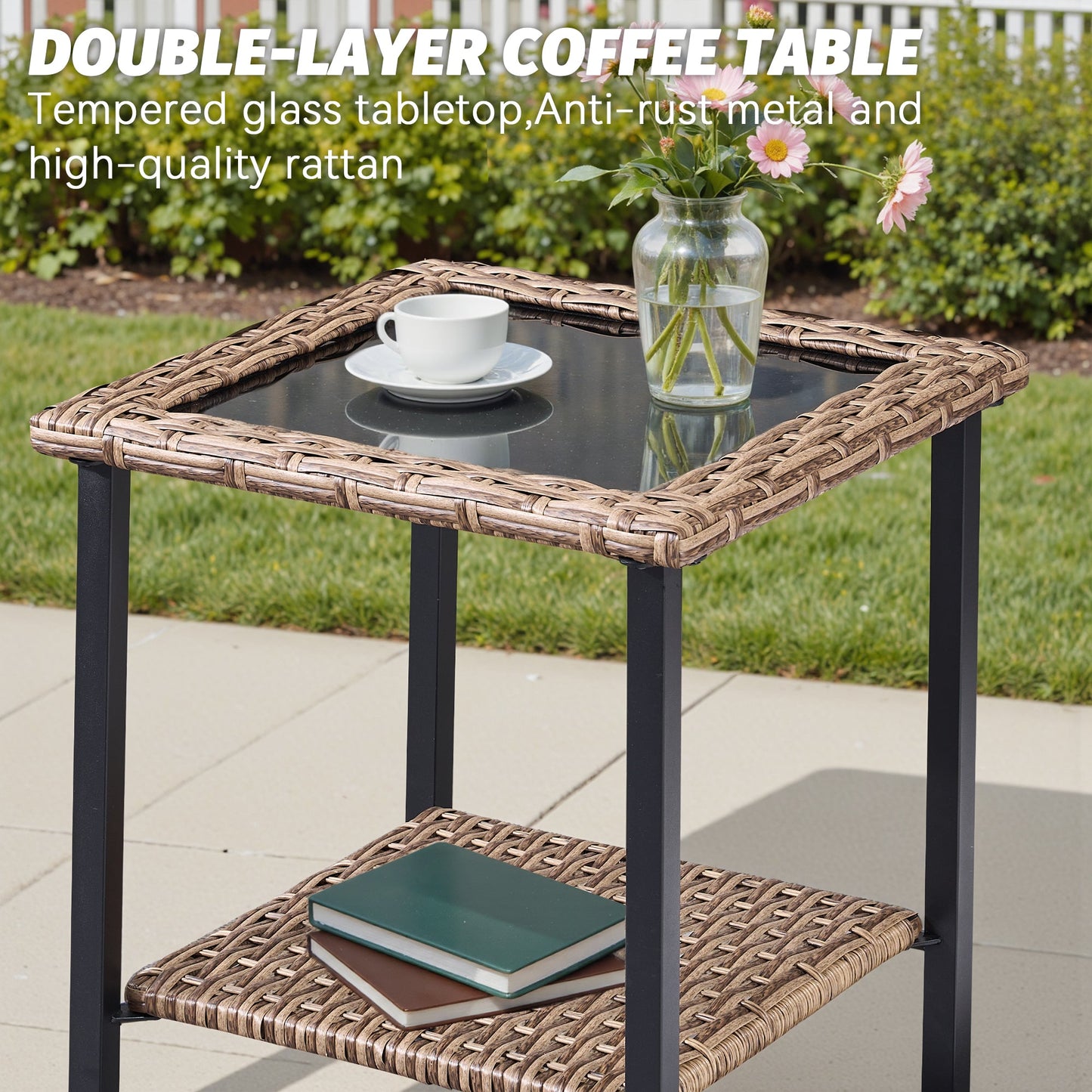 2-person outdoor wicker coffee table with glass top and pink flower vase on Tampa Home & Garden Store