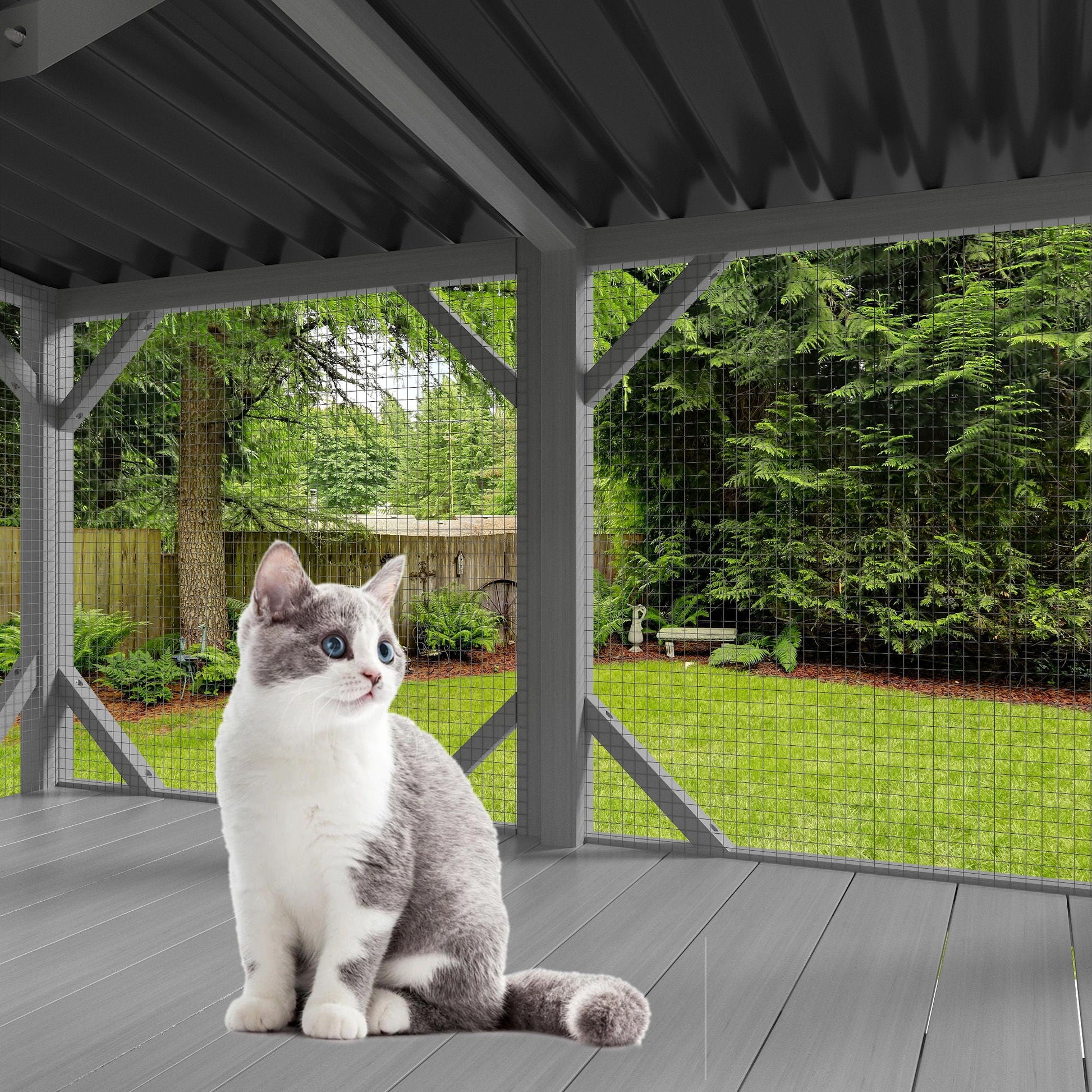 Cat Window Box cage grey metal frame with wire mesh panels for outdoor cat enclosure on Tampa Home & Garden Store