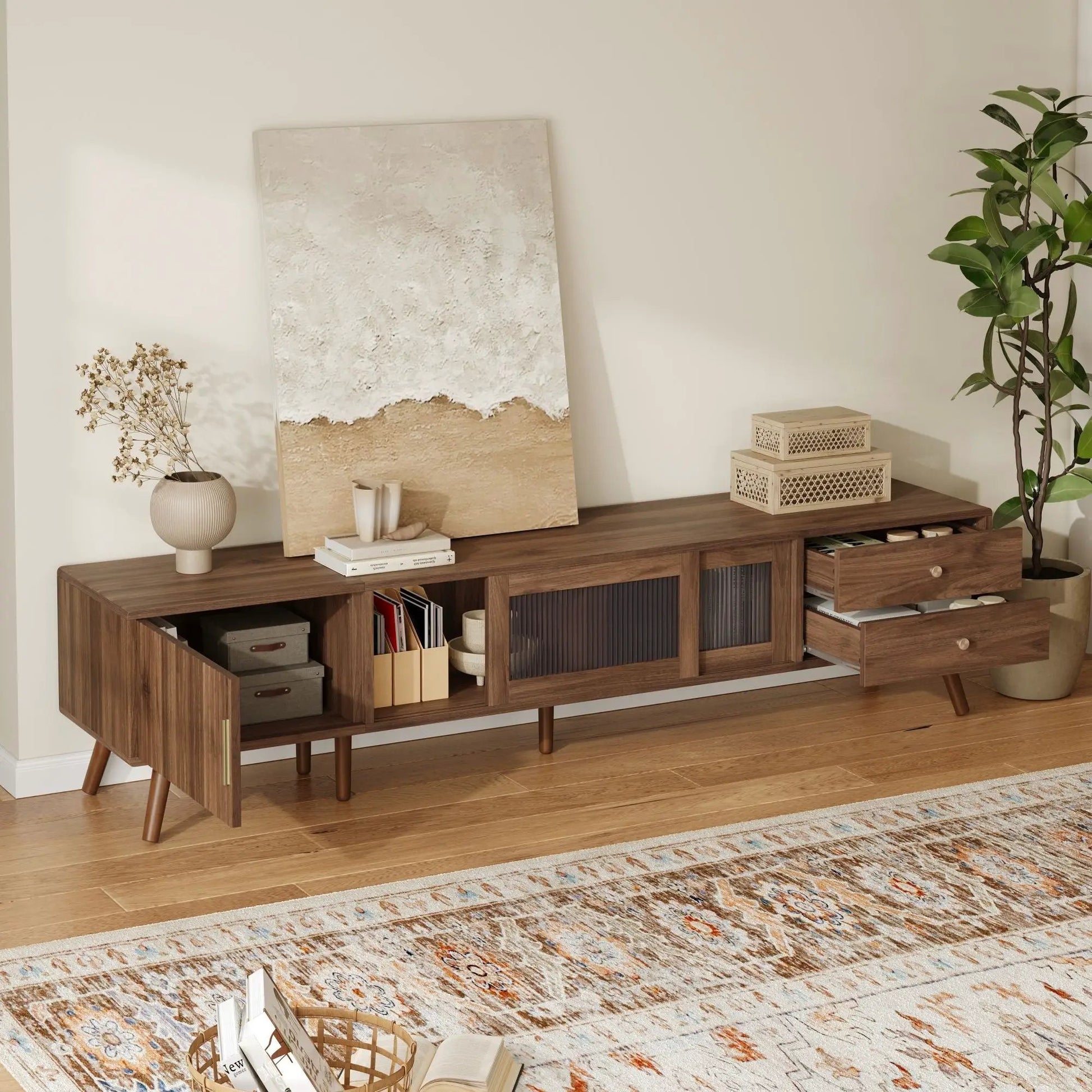 Doors TV Stand in natural wood with storage cabinets and open shelves, lattice-front doors on Tampa Home & Garden Store
