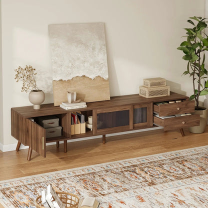 Doors TV Stand in natural wood with storage cabinets and open shelves, lattice-front doors on Tampa Home & Garden Store