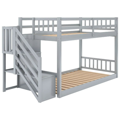 Twin Over Twin Floor Bunk Bed With Storage Ladder