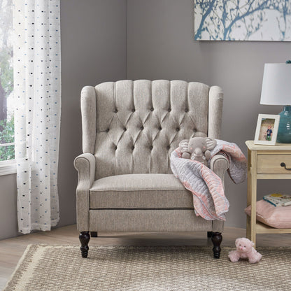 HouseOfZazla oversized tufted wingback recliner in gray fabric with dark bun legs on Tampa Home & Garden Store