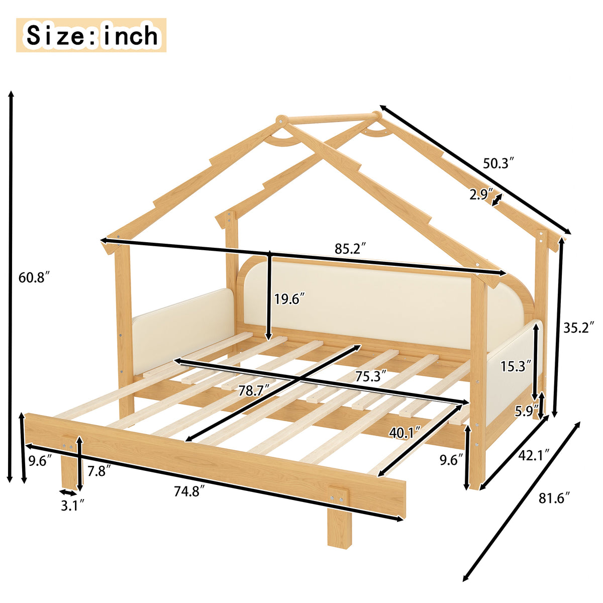 Twin Size Treehouse Bed with Soft Cushion Rails by HouseOfZazla, wood frame with slatted base on Tampa Home & Garden Store