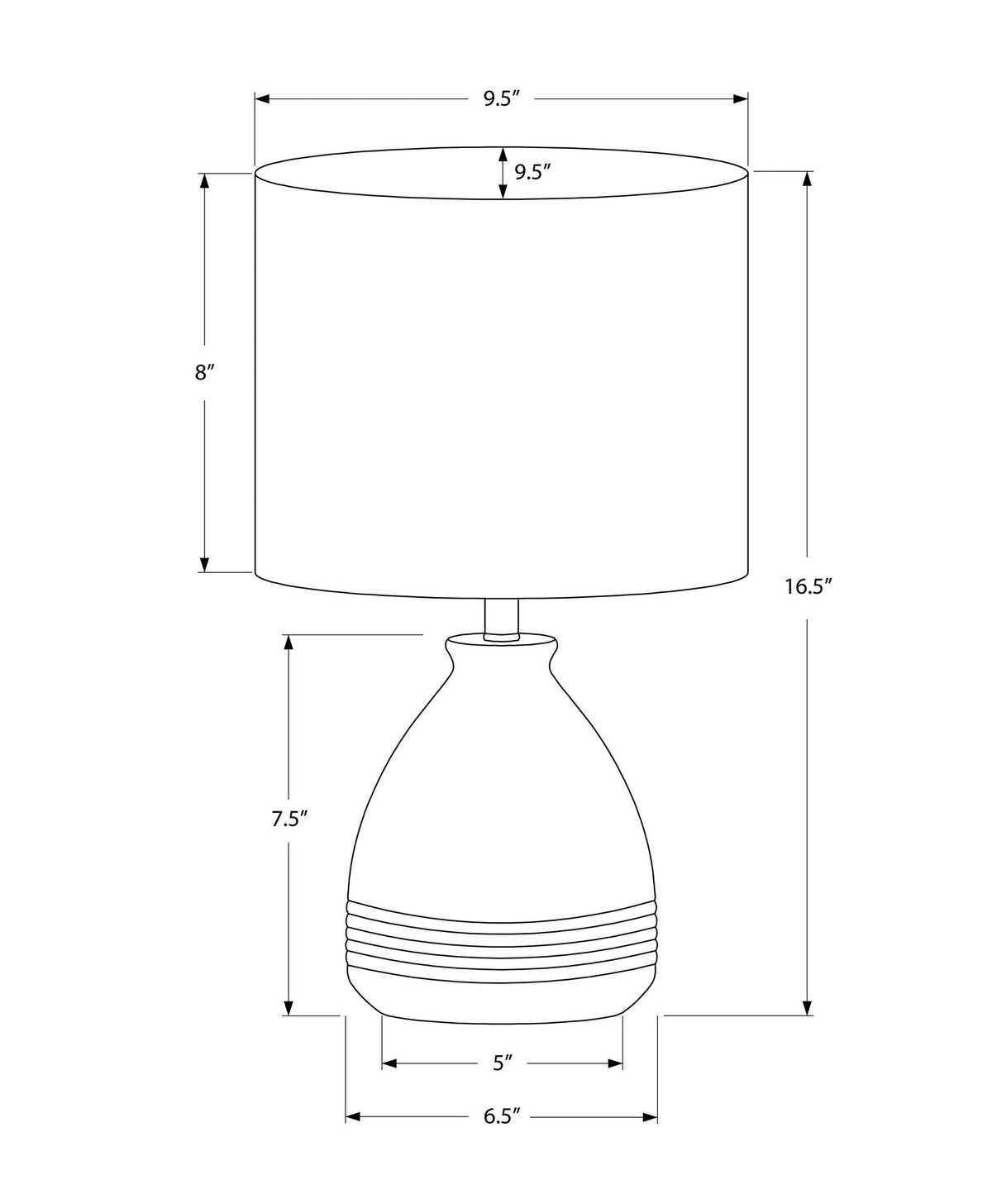 Modern Table Lamp Cream by HouseOfZazla diagram shows 9.5in shade diameter and 16.5in height on Tampa Home & Garden Store