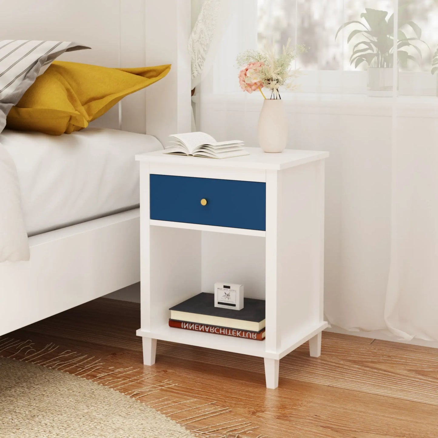 Nightstand with 1 Drawer 1 Shelf white frame blue drawer front gold knob Unique Piece Furniture on Tampa Home & Garden Store