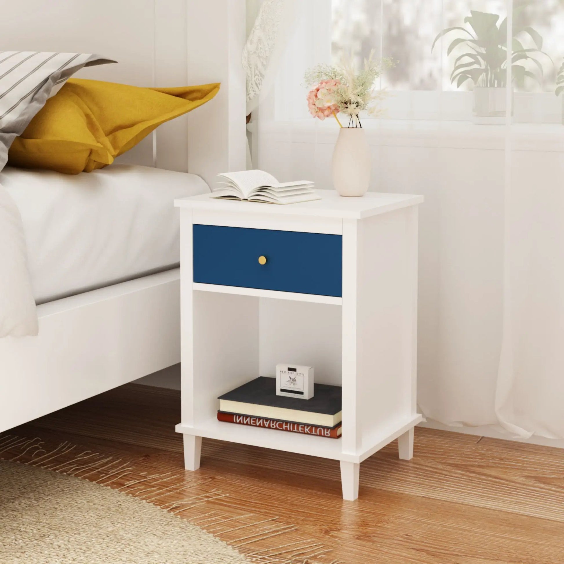 Nightstand with 1 Drawer 1 Shelf white frame blue drawer front gold knob Unique Piece Furniture on Tampa Home & Garden Store