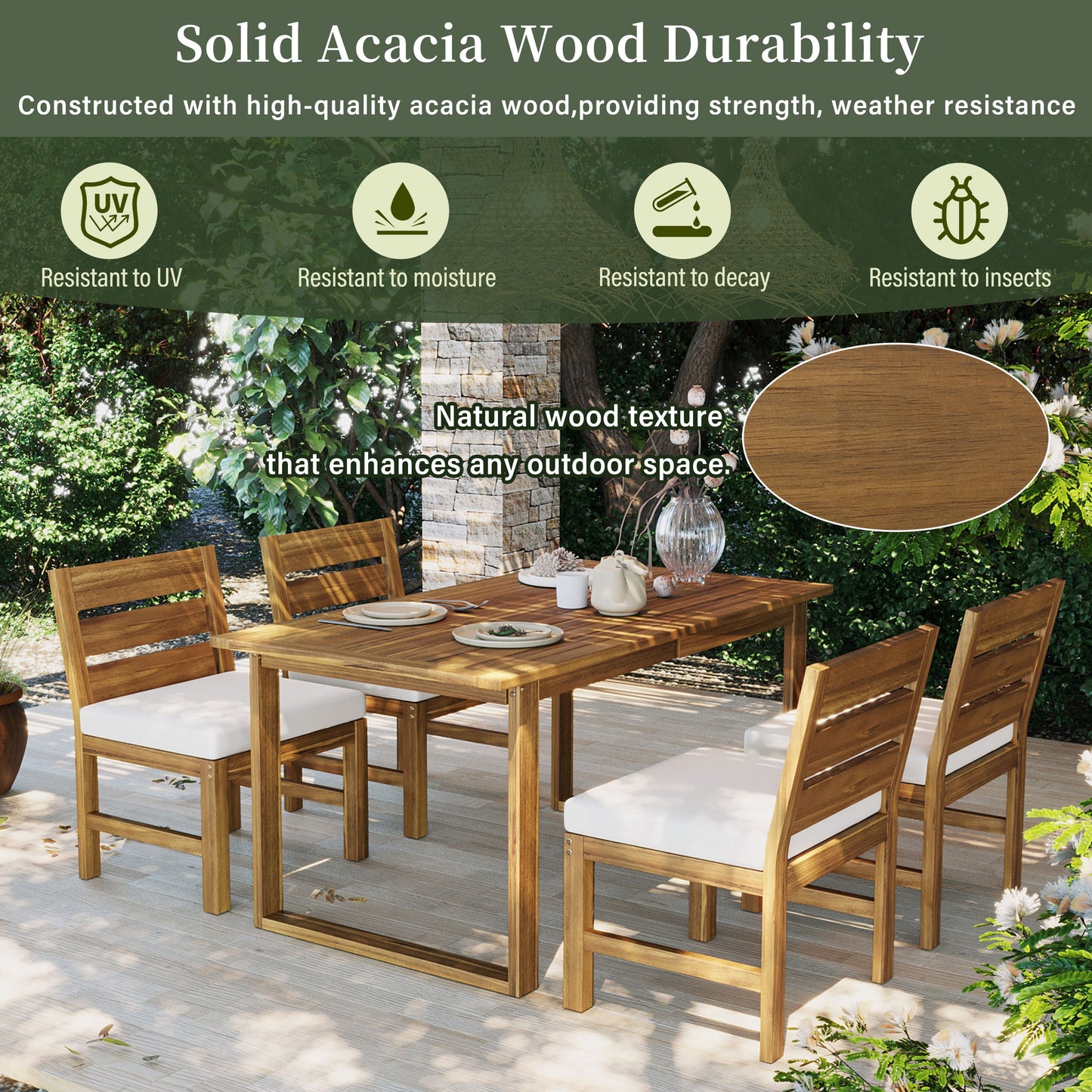 U_STYLE Farmhouse 5-Piece Patio Dining Set, natural wood table with white cushioned chairs on Tampa Home & Garden Store