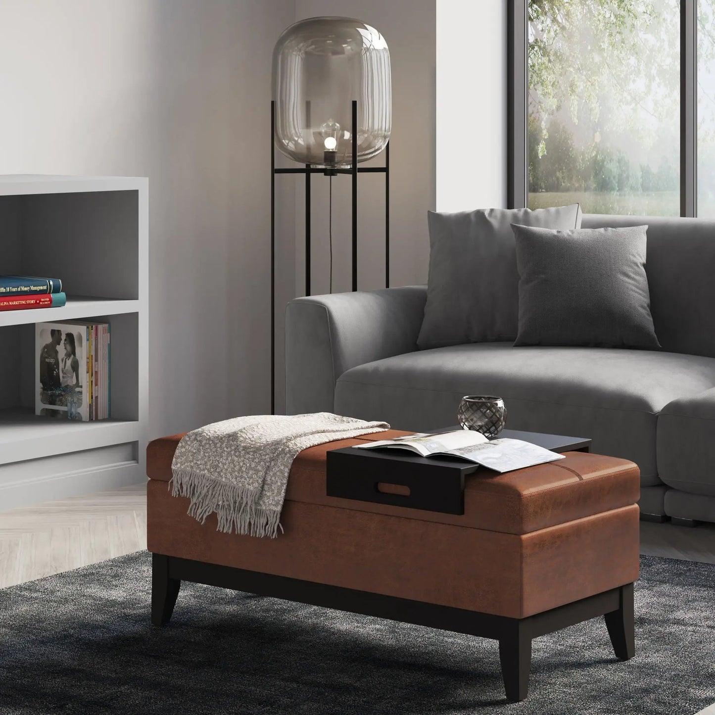 Oregon Contemporary Storage Ottoman Bench With Tray brown leather, black legs on Tampa Home & Garden Store