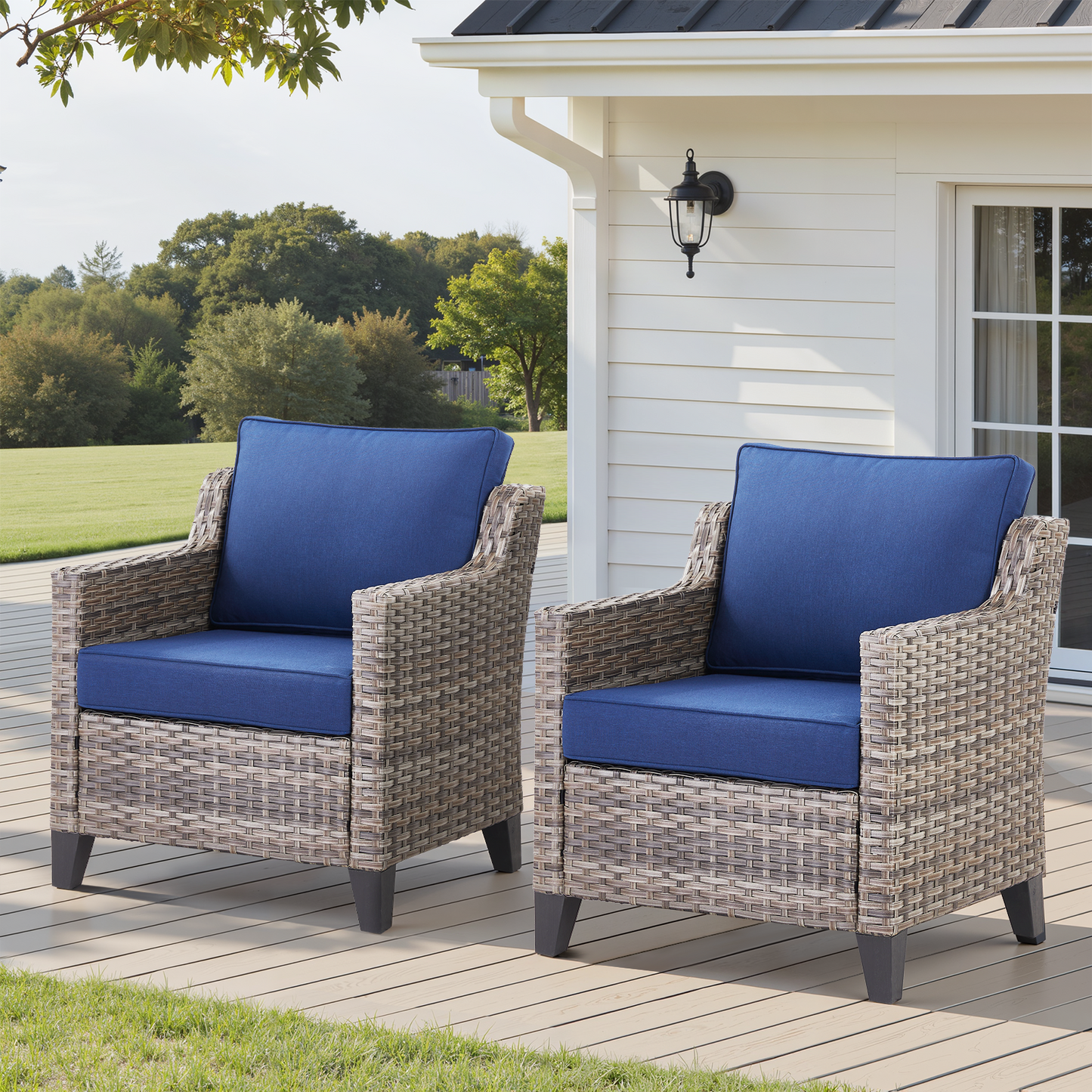 Outdoor Patio Arm Chairs Set of 2, wicker frame with blue cushions, HouseOfZazla patio seating on Tampa Home & Garden Store