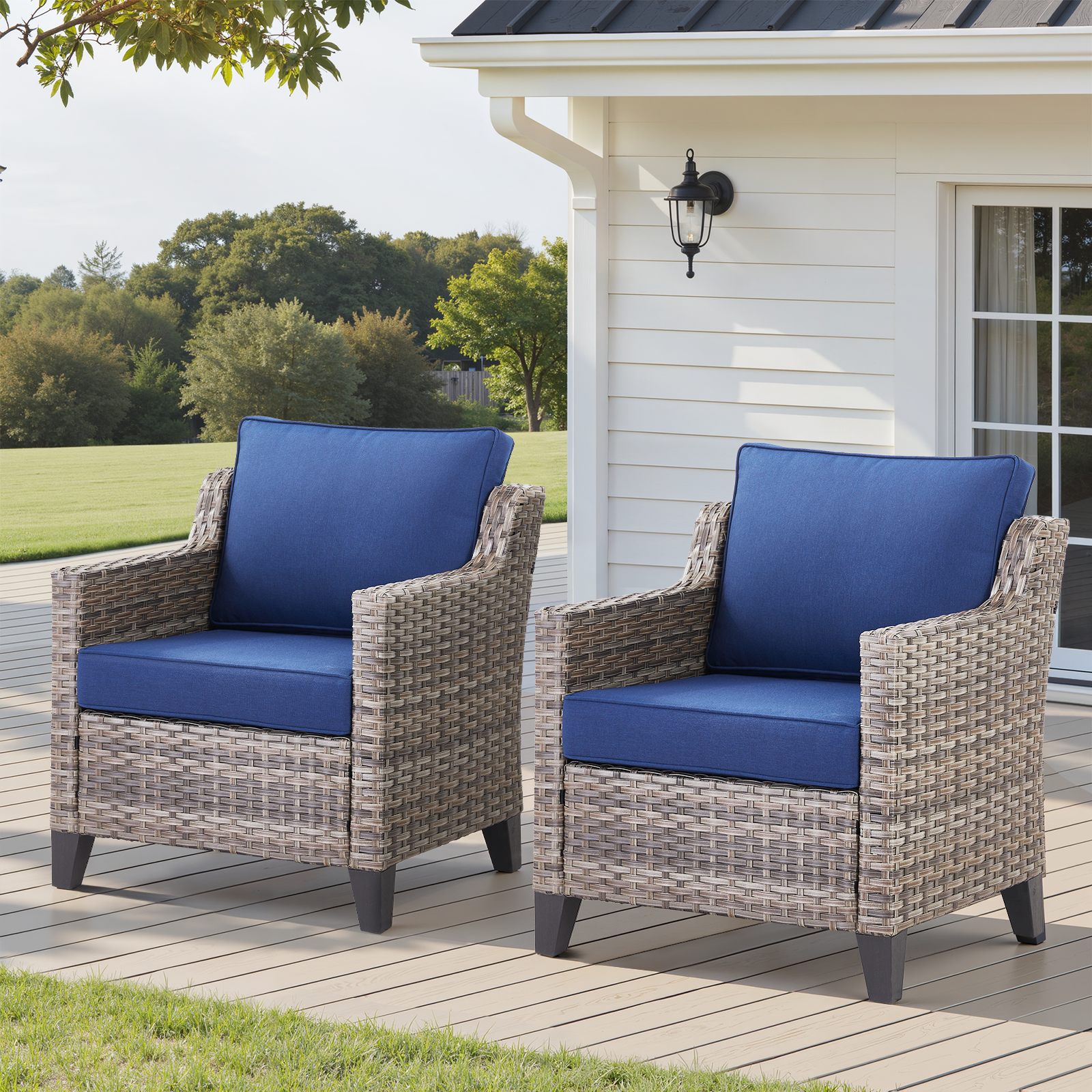 Outdoor Patio Arm Chairs Set of 2, wicker frame with blue cushions, HouseOfZazla patio seating on Tampa Home & Garden Store