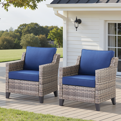 Outdoor Patio Arm Chairs Set of 2, wicker frame with blue cushions, HouseOfZazla patio seating on Tampa Home & Garden Store