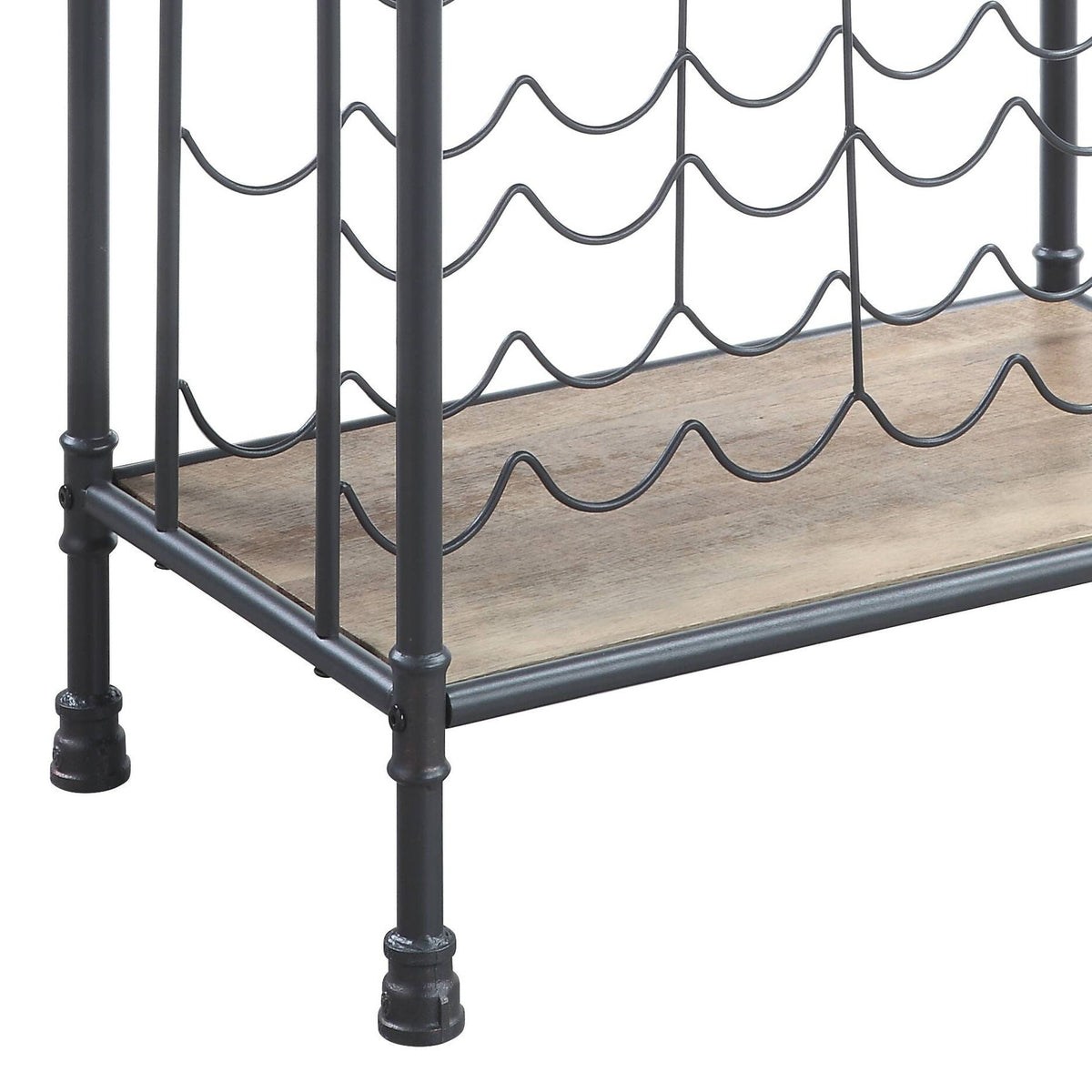Brantley wine rack by HouseOfZazla, gray metal frame with wavy bottle racks and oak shelf on Tampa Home & Garden Store
